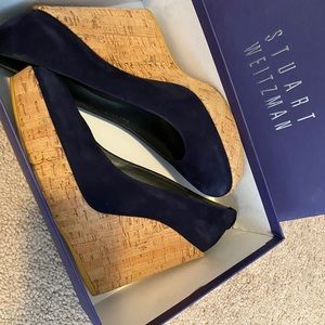 Navy Blue Suede Corkswoon Wedge Stuart Weitzman 8.5